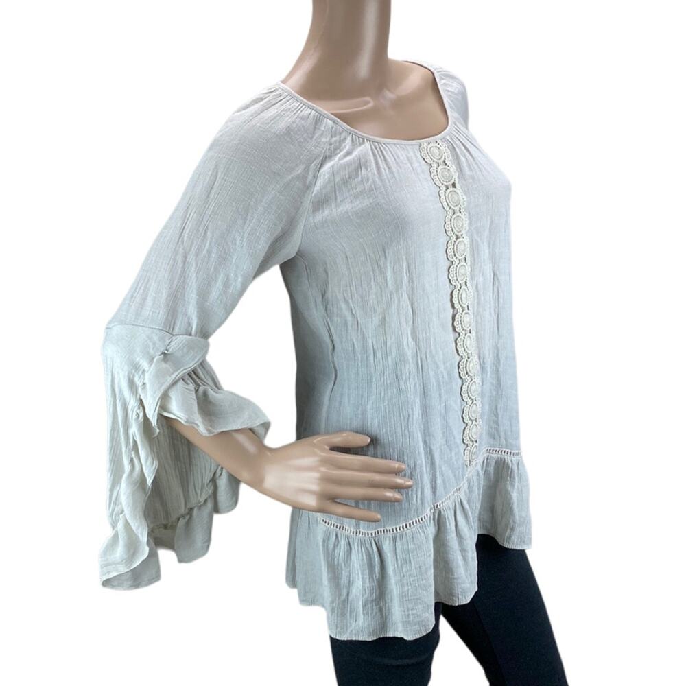 NY Collection Gray Lace Inset Ruffle Sleeve Tunic Top M - Picture 3 of 6
